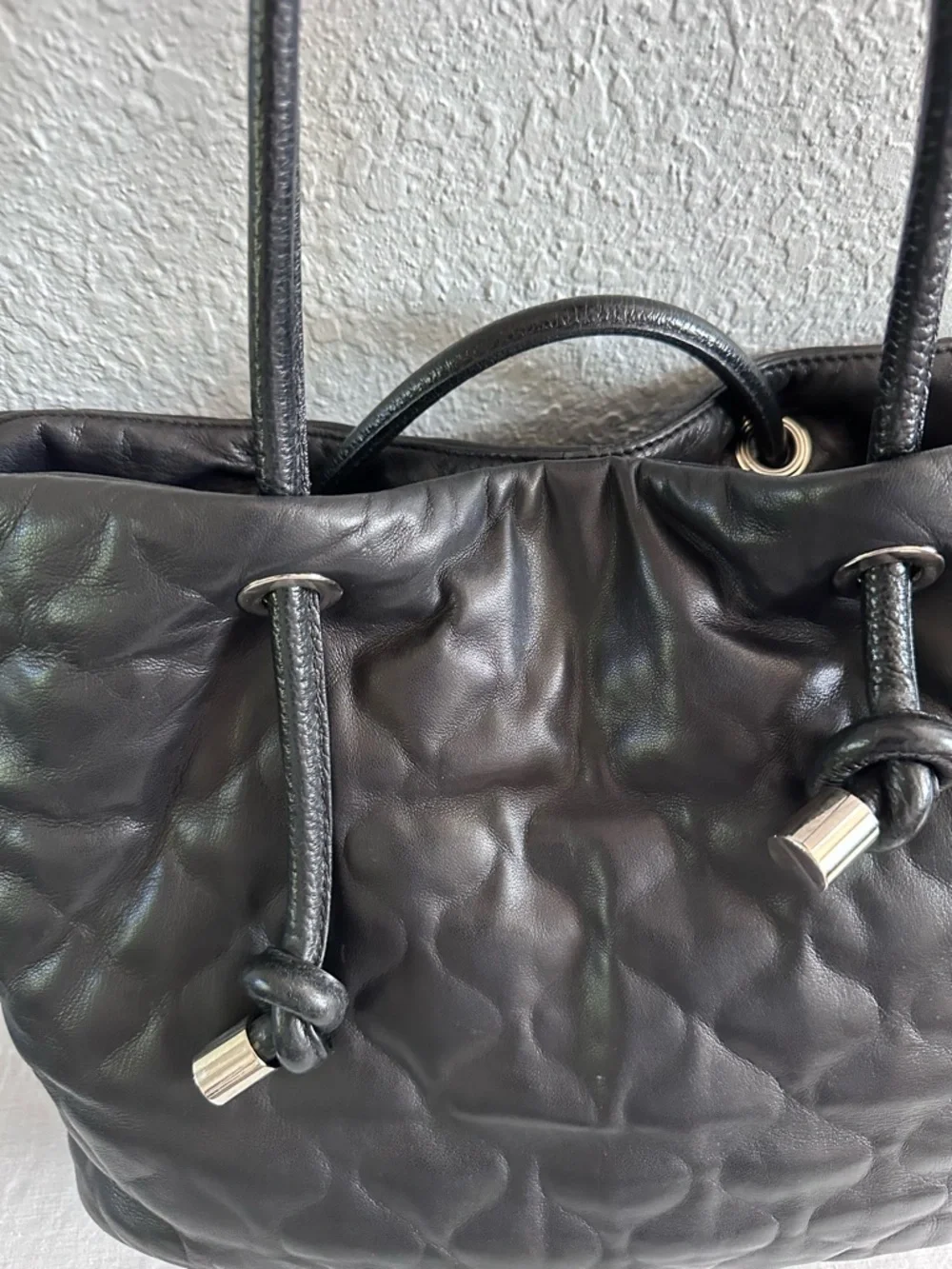 Lisa Conte Italy Black Leather Slouch Tote Bag Quilted Puffer Knot Handle Large